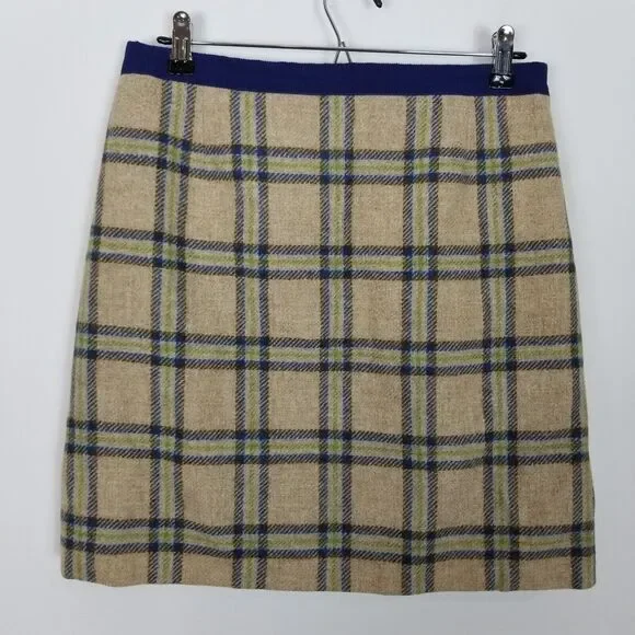 Boden British Tweed Women Beige Green Blue Plaid Mini Skirt Sz 8R Academia - Picture 2 of 4
